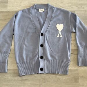 AMI Paris Light Blue Cardigan with White Heart “A” Logo